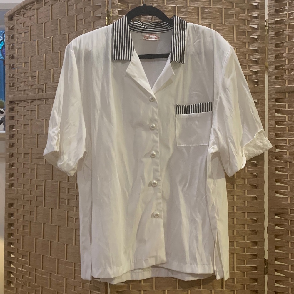 Vintage 80s bowling shirt with pearl buttons, stripes and lace detail